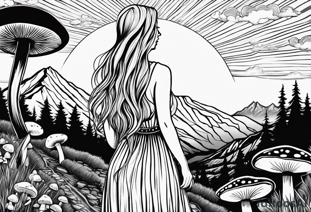 Straight long blonde hair hippie girl in distance holding mushrooms in hand facing away toward mountains and creek surrounded by mushrooms black and white striped dress tattoo idea