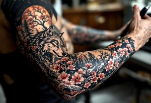 evergreen forest with sakura trees and wolf tattoo idea