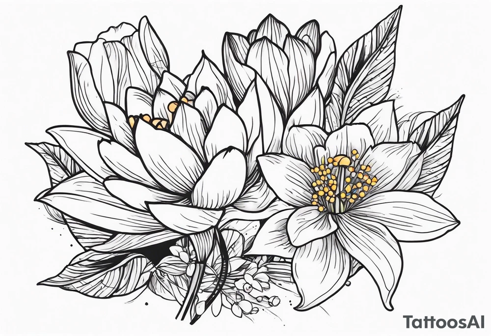 Poppy, water lily, Lily of the valley, flower bouquet, portrait style tattoo idea