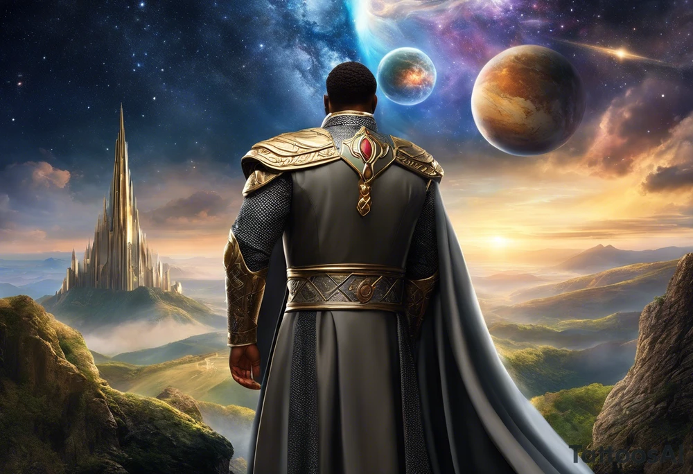 Jehovah looking out at the marvels of his creation from the atoms to the galaxy and celestial beings. With grey wash and a fantasy theme. Jehovah has to be a character who is so majestic, charismatic, immensely powerful. There isnt a single thing he isnt capable of doing. Infinitely powerful forward facing. Without the pagan styled attire and without the pagan symbols etcetera, shirtless, large muscular athletic physique, deep muscle definition tattoo idea