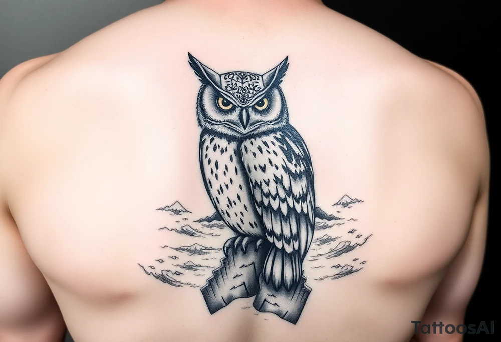 Masked owl overlooking a trench with waves in the background for the arm tattoo idea