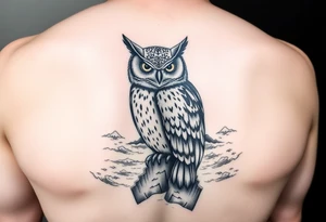 Masked owl overlooking a trench with waves in the background for the arm tattoo idea