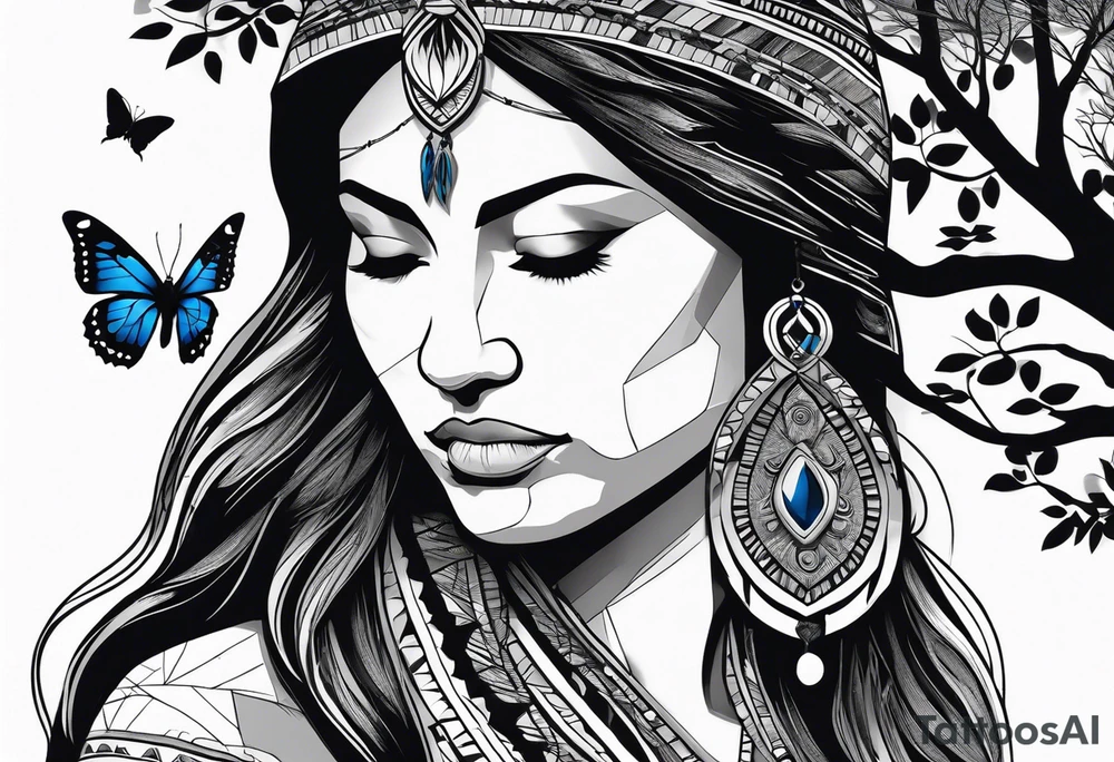 Tree with upper left branches forming a native American woman's face as she looks down onto the trees base and a lonely woman kneels there with 1 blue butterfly tattoo idea