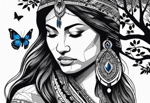 Tree with upper left branches forming a native American woman's face as she looks down onto the trees base and a lonely woman kneels there with 1 blue butterfly tattoo idea