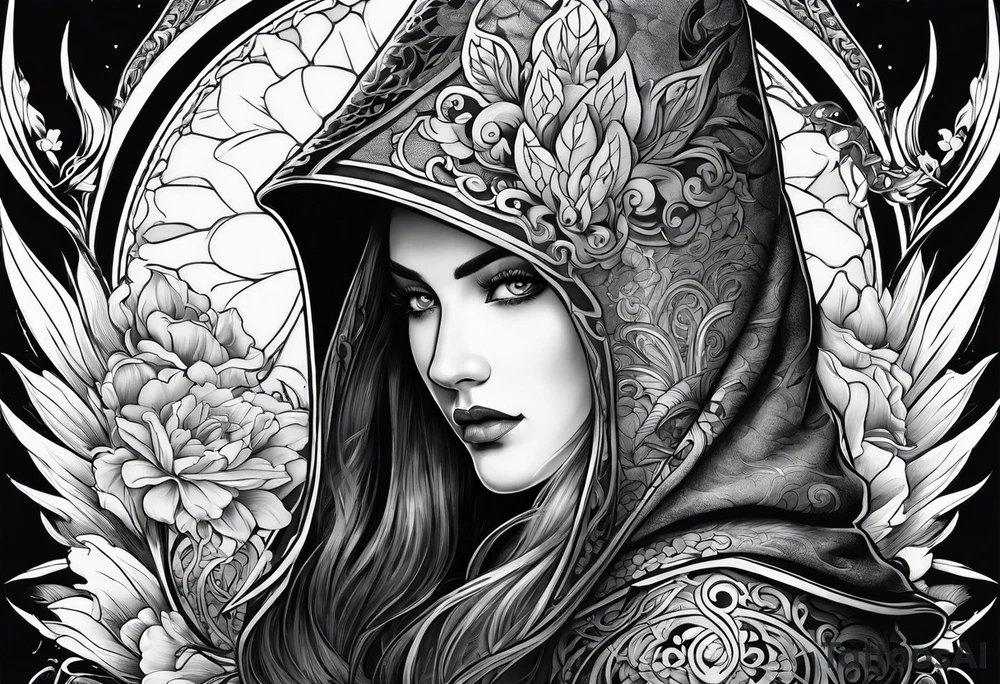 Shadow cloak protecting beautiful dagger tattoo idea