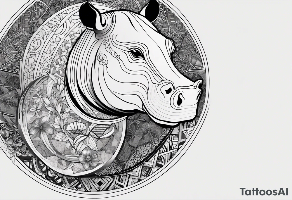 Very asymmetrical, +geometric pattern, with realistic full moon, with hippo at side look, +tribal, +geometric, +inkart , +blackwork, +grey scale, + sketch
with wintersweet flower bud, +inkart touch, +for men, detailed , combined favourite tattoo idea