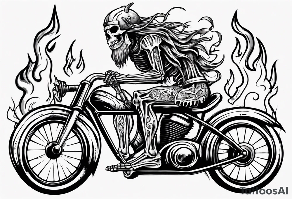 Skeleton riding a bike with flames and a big viking head in the background tattoo idea
