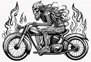 Skeleton riding a bike with flames and a big viking head in the background tattoo idea