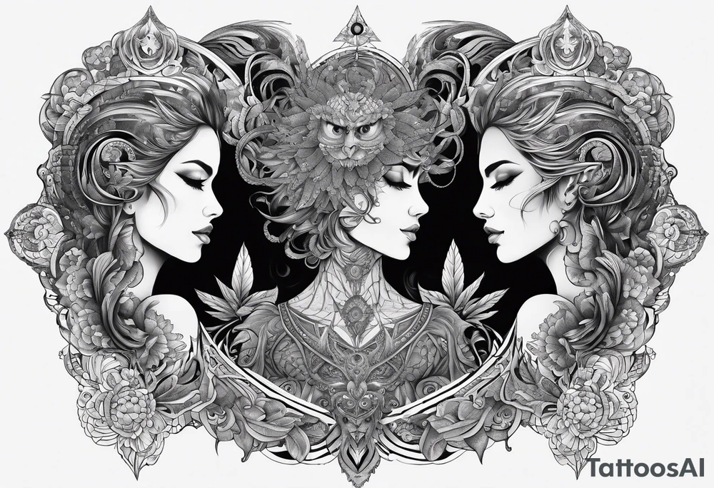 Men's chest tatto with two female psychedelic entities facing each other, meaning that only  their sides are visible. They are holding something which is positioned in the middle of the chest tattoo idea
