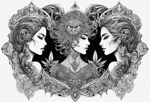 Men's chest tatto with two female psychedelic entities facing each other, meaning that only  their sides are visible. They are holding something which is positioned in the middle of the chest tattoo idea