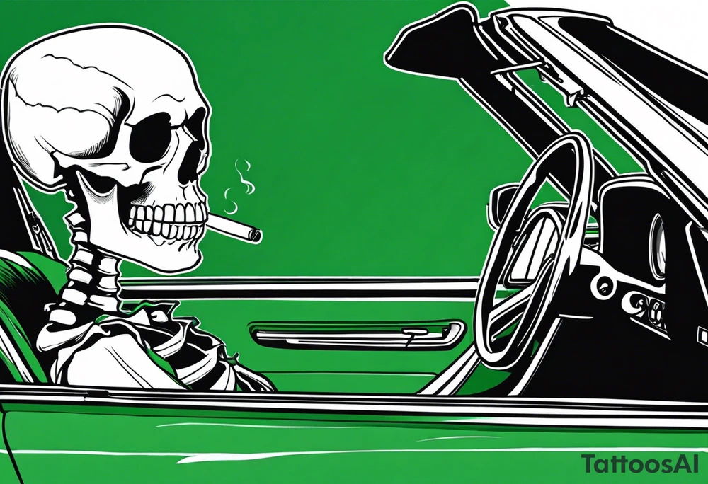Skeleton smoking a cigarette driving a green 1976 convertible Corvette tattoo idea
