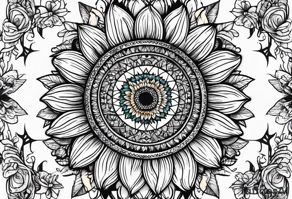 sunflower surrounded with little stars, tree and arrow tattoo idea