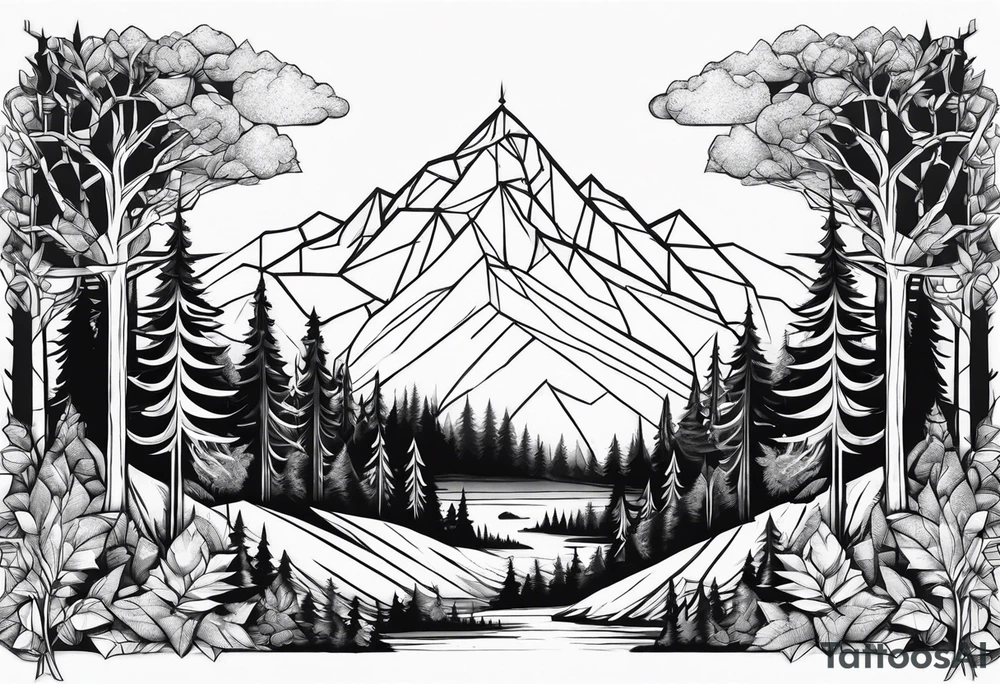 a forest along the edges with mountains below and in the distance with full trees and a diamond in the middle tattoo idea
