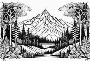 a forest along the edges with mountains below and in the distance with full trees and a diamond in the middle tattoo idea