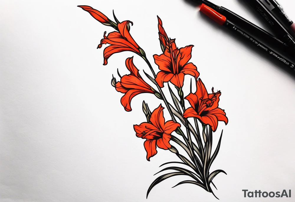 a thin narrow gladiolus with coral-colored flowers with red centers tattoo idea