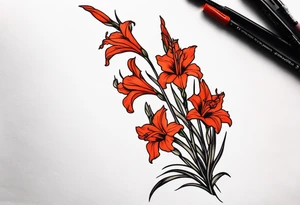a thin narrow gladiolus with coral-colored flowers with red centers tattoo idea