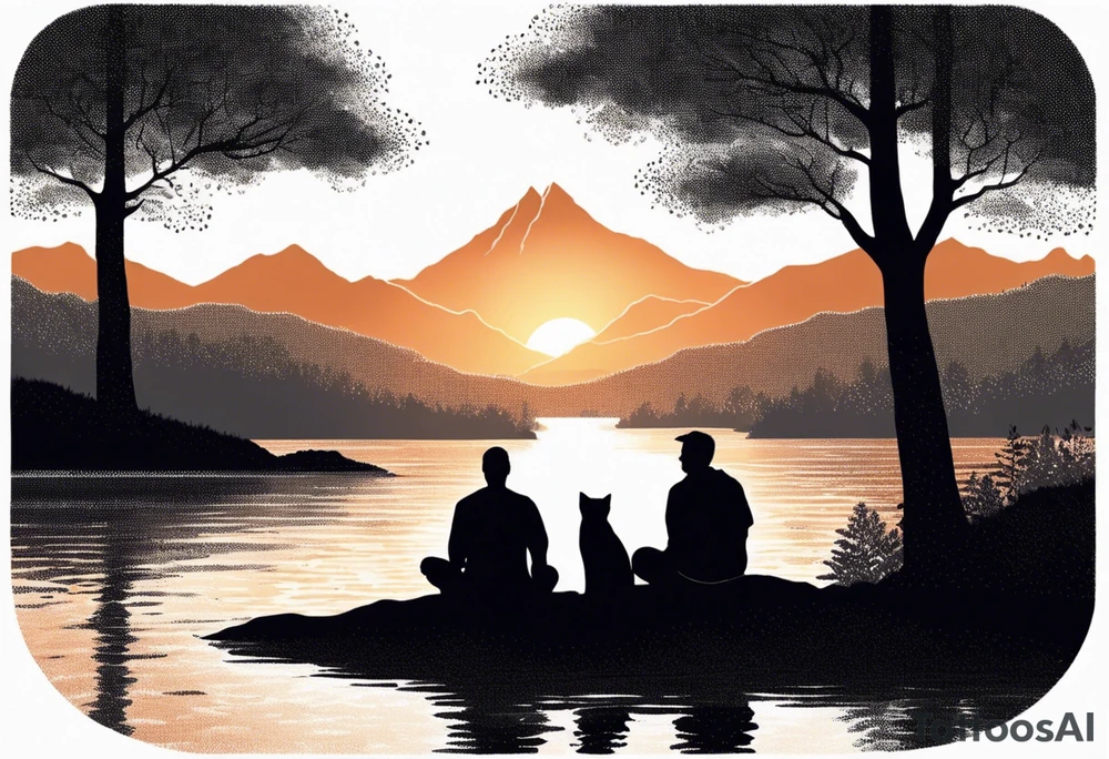 nature, sunset, mountains, a father and son sitting with their dog and cat 
by the water tattoo idea