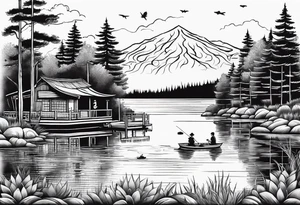 forearm tattoo set on a lake. At the bottom of the tattoo there is a boat dock with a little boy fishing and a little girl reading. There are trees surrounding the lake. It is set in fall tattoo idea