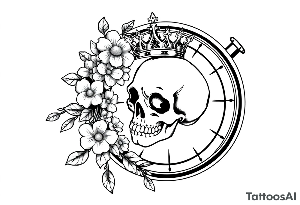 Compass with detailed beautiful gothic boho flowers on vine and skull with gorgeous crown tattoo idea
