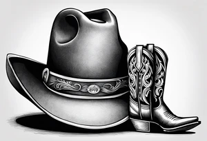 worn cowboy hat and lasso and boots with scroll letter next to it “with a dream in my eye and a prayer in my heart” tattoo idea