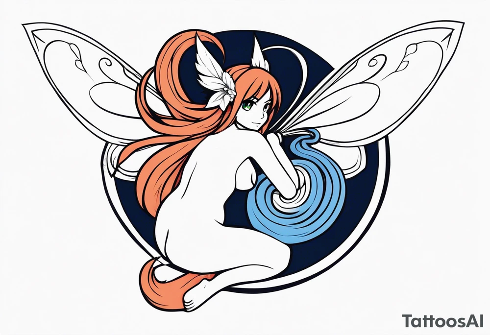 A fairy with a tail inspired by the logo of the anime show called Fairy Tail in a fetal position leaning in tattoo idea