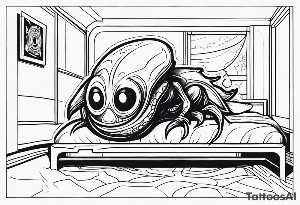 scary alien-like creature hiding under the bed tattoo idea