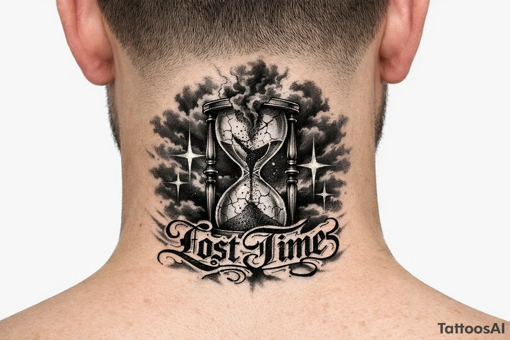 front of neck Black and grey realism tattoo design of a cracked, shattered hourglass centered in dark heavy clouds. Sand and dark smoke floating upward out of the glass. Custom gothic script lettering that says "Lost Time" wrapped around the base. Chicano style shading, deep blackwork background, sharp 4-point sparkle stars, high contrast, clean white background, tattoo stencil style tattoo idea
