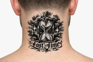 front of neck Black and grey realism tattoo design of a cracked, shattered hourglass centered in dark heavy clouds. Sand and dark smoke floating upward out of the glass. Custom gothic script lettering that says "Lost Time" wrapped around the base. Chicano style shading, deep blackwork background, sharp 4-point sparkle stars, high contrast, clean white background, tattoo stencil style tattoo idea
