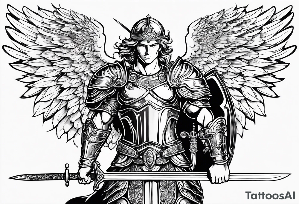 **Tattoo Design: Archangel Michael**

- **Central Theme**: Archangel Michael, majestic and powerful, stands ready with a raised sword, prepared to battle evil.
- **Appearance**: The figure of Archangel Michael depicted in full angelic armor, with majestic wings spread wide.
- **Expression**: His stance conveys strength, courage, and determination in defense of good.
- **Details**: Focus on intricate details such as facial features, armor embellishments, and the raised sword.
- **Background**: May be stylized as celestial, with rays of light or clouds, accentuating the divine presence of Archangel Michael.
- **Placement**: Intended for placement on the chosen body area, with the option to adjust the size according to personal preferences. tattoo idea