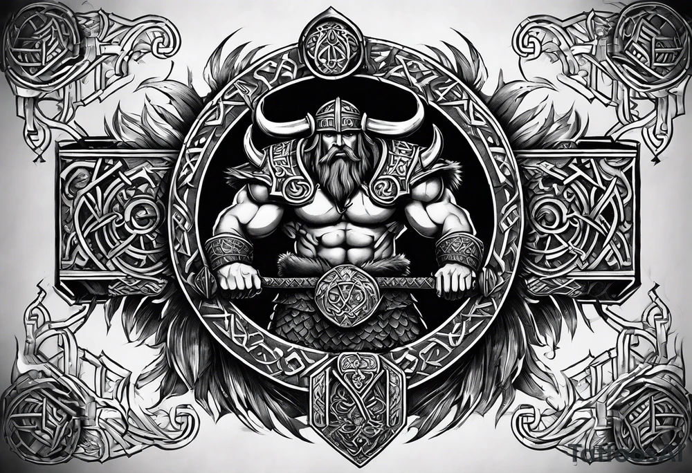 Viking theme in a half circle going from under the pectoral muscle to the hip. like Baldur from God of War 4. Stippling shading and runes. tattoo idea