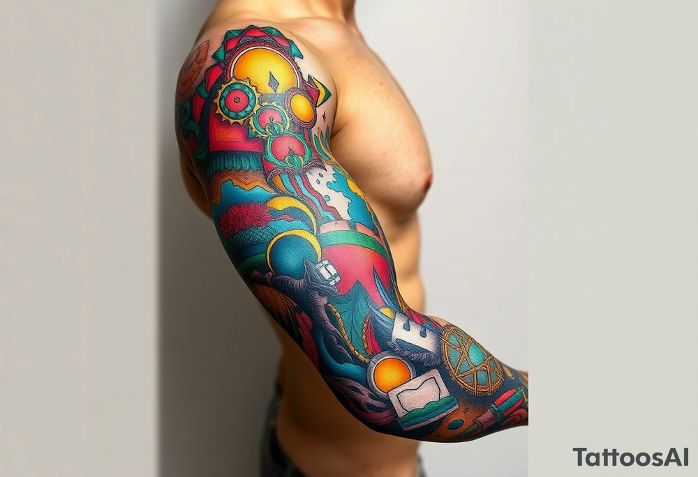 full left arm sleeve dedicated to my son with autism full color giving him the world tattoo idea