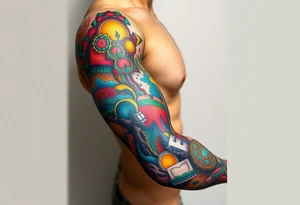 full left arm sleeve dedicated to my son with autism full color giving him the world tattoo idea