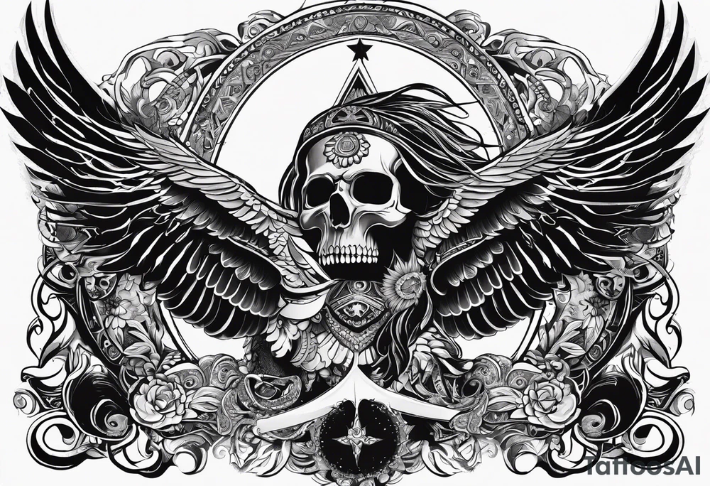black kali, goddess pirate, pachamama, valkrye, warrior, skull, lotus azul, wing, eagle, zenza resonance, stars tattoo idea
