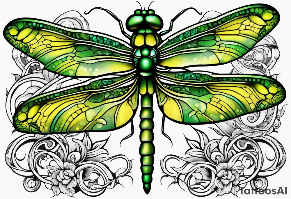 green and yellow dragonfly on a twig tattoo idea