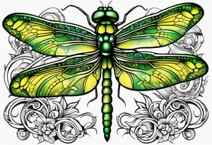 green and yellow dragonfly on a twig tattoo idea