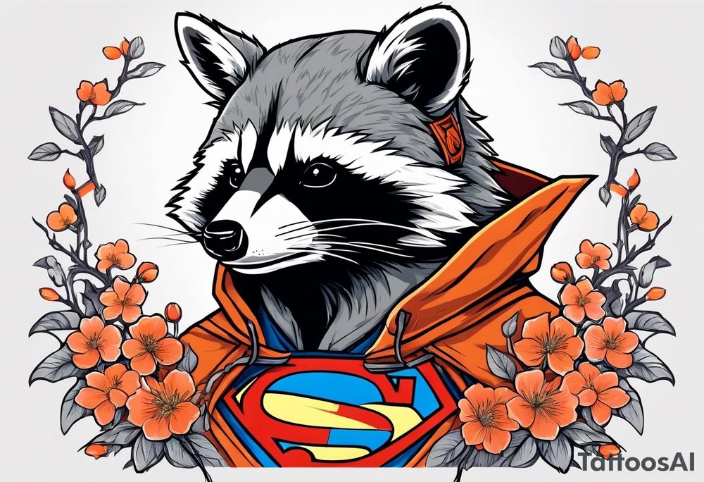 raccoon wearing a Superman hoodie with orange Japanese cherry blossoms tattoo idea