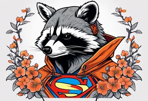 raccoon wearing a Superman hoodie with orange Japanese cherry blossoms tattoo idea