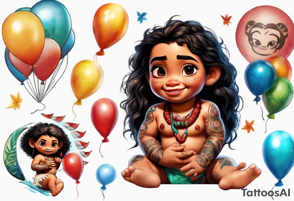 baby moana holding balloons tattoo idea