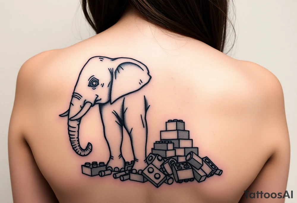 An elephant sitting next to a pile of Legos tattoo idea