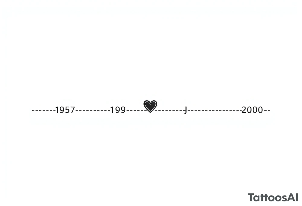 Alright, let's adapt this design to represent one parent and four kids in a timeline tattoo. Here's how we'll modify it:
Key Changes:
 * One Parent's Year: We'll use one year at the top, representing the parent.  We'll place a heart near it, just like in the example.
 * Four Children's Years: We'll include four birth years below, evenly spaced.
 * Initials (Optional): We can add the children's initials below their respective years for added personalization.
 * Spacing and Alignment: We'll ensure the spacing between the years is balanced and the alignment is clean.
Design Description:
 * Top Line: The parent's birth year (1957) will be at the top, centered.  A small heart will be placed either directly beside it or slightly above it.
 * Timeline Line: A faint, dotted line will extend horizontally from the parent's year, representing the timeline.
 * Children's Years: Four birth years (1980, 1989, 1998, 2000) will be placed below the dotted line, evenly spaced.
 * Initials (Optional): If desired, the children's initials (L, E, K, J) can be placed directly below their respective birth years.
 * Font: A simple, sans-serif font will be used for the numbers and initials, maintaining the clean and minimalist aesthetic.
 * Placement: The tattoo would work well on the forearm, running lengthwise, similar to the provided example.
Visualizing It:
Imagine it like this:
          1957 <3 
    .......................
    1980   1989   1998   2000
     L      E      K      J  (Optional)

How to Get This Tattoo:
 * Refine the Design: Decide on the exact placement of the heart, the font, and whether you want to include initials.
 * Consult a Tattoo Artist: Show the artist the reference image and explain the changes you want. They can help you finalize the design and ensure it will look great as a tattoo.
 * Consider Size and Placement: Discuss the size of the tattoo and the best placement on your body with the artist.
Let me know if you'd like any further adjustments or have any other questions! tattoo idea