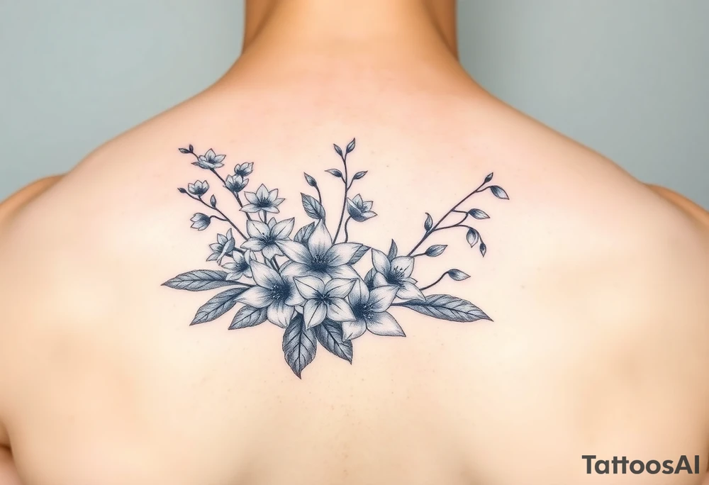 Larkspur and lily of the valley bouquet tattoo idea