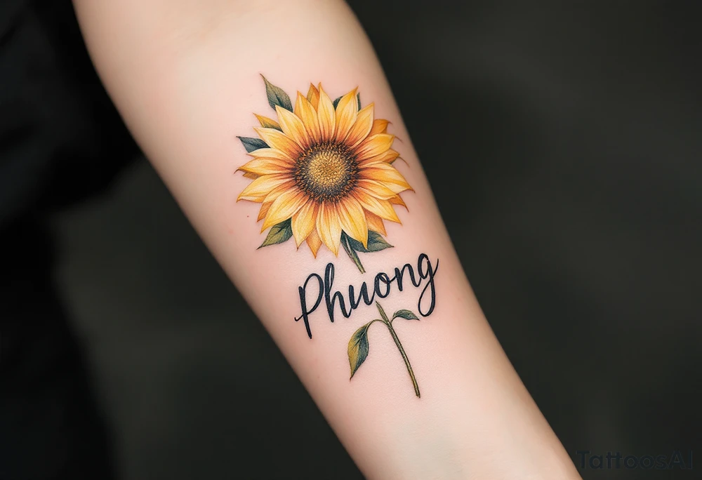 Word "Phuong" written with sunflower tattoo idea