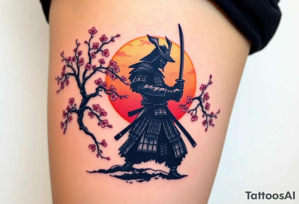 noble samurai warrior silhouette at sunset with cherry blossoms tattoo idea