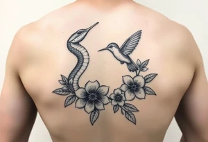 powerful beautiful snake holds hummingbird with flowers tattoo idea