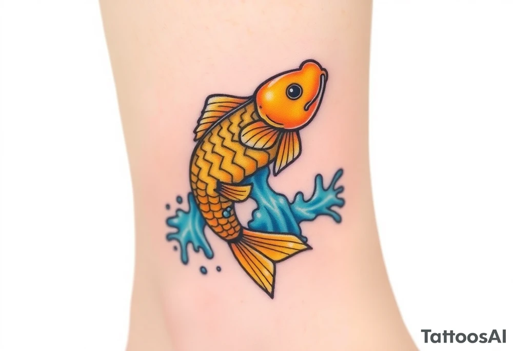 A powerful golden koi fish leaping up a waterfall, symbolizing perseverance and ambition, with vibrant blue water splashes. tattoo idea