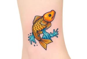 A powerful golden koi fish leaping up a waterfall, symbolizing perseverance and ambition, with vibrant blue water splashes. tattoo idea