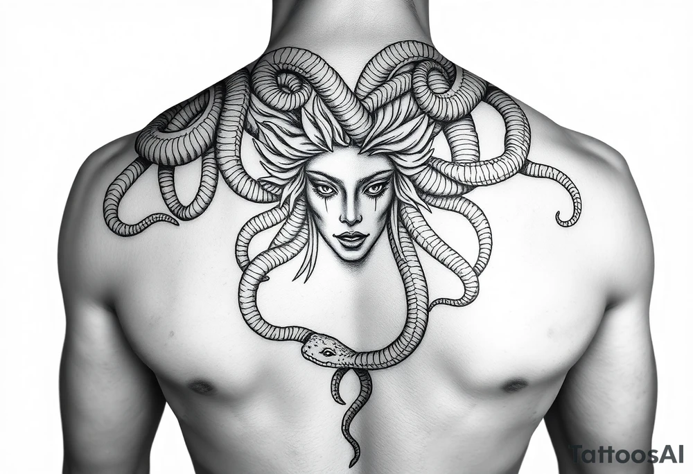 A Beautiful sexy Medusa chest peice with her snake hair reaching my arms and shoulder. Black and white, realistic tattoo idea