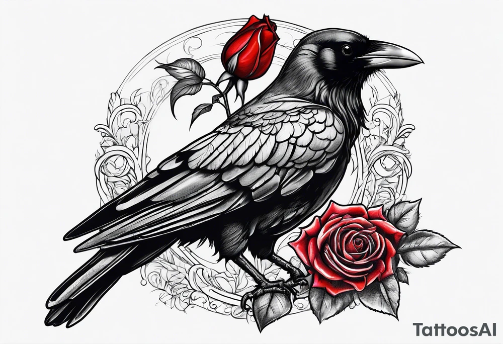 Crow standing holding a red rose tattoo idea