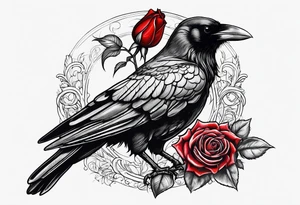 Crow standing holding a red rose tattoo idea