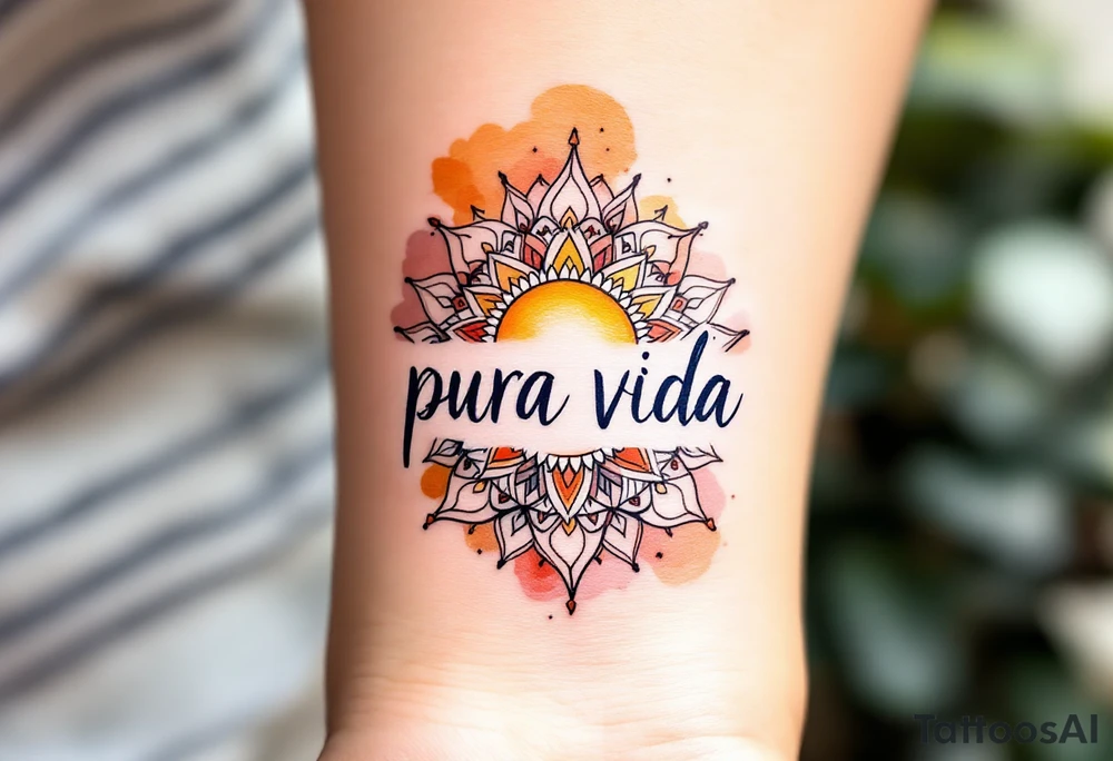 Boho-style “Pura Vida” with a mandala sun in ochre, terracotta, and soft pink behind it. tattoo idea